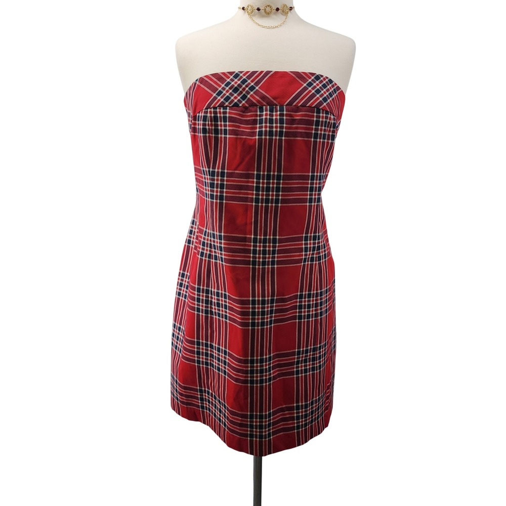 Tommy Hilfiger Womens Red Tartan Plaid Strapless Sheath Dress Size 14 Vintage
